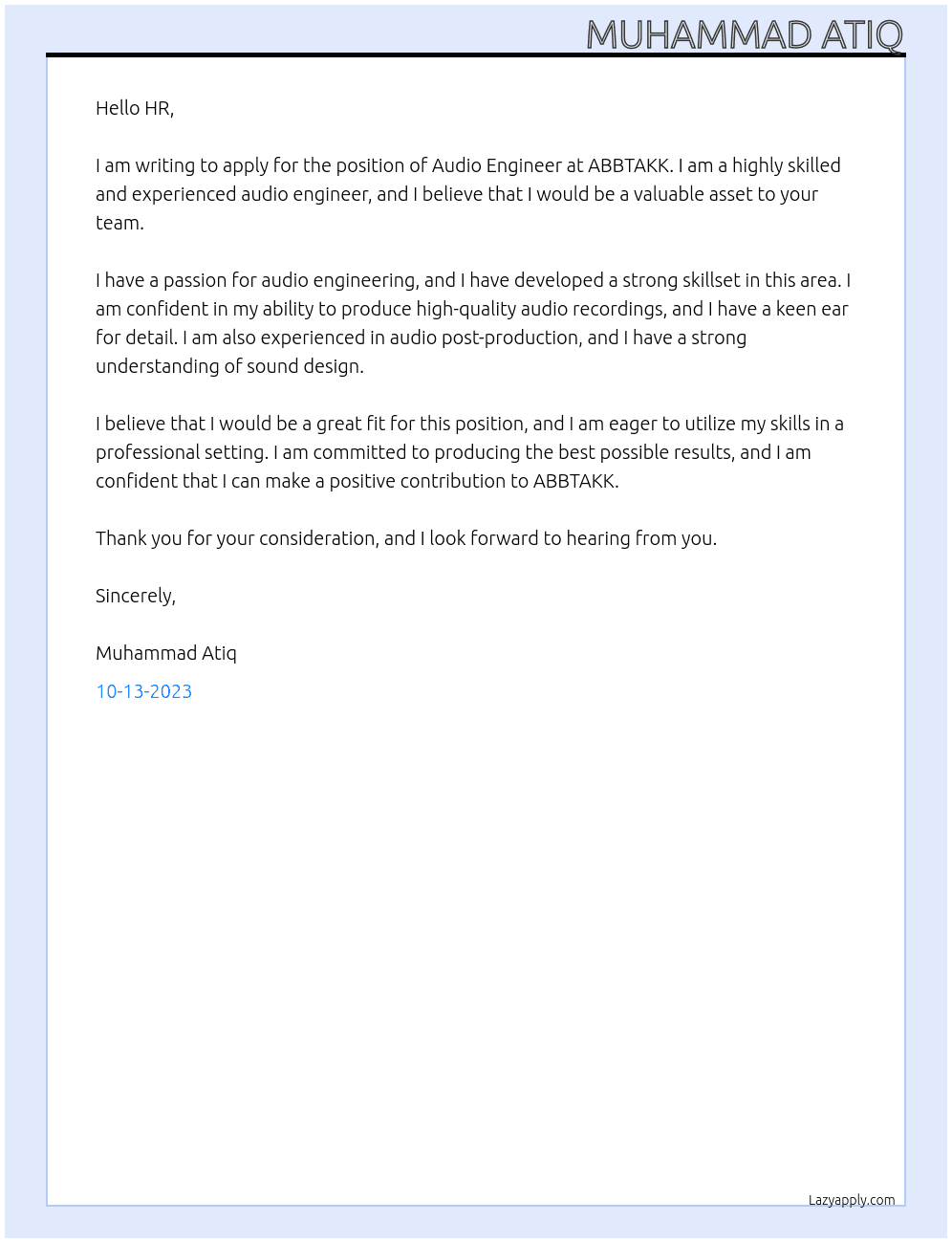 Audiio Enginner  At ABBTAKK Cover Letter