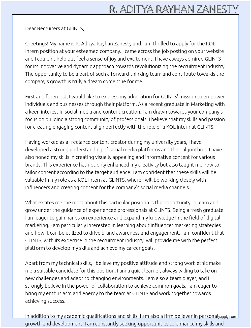 KOL Intern At GLINTS Cover Letter