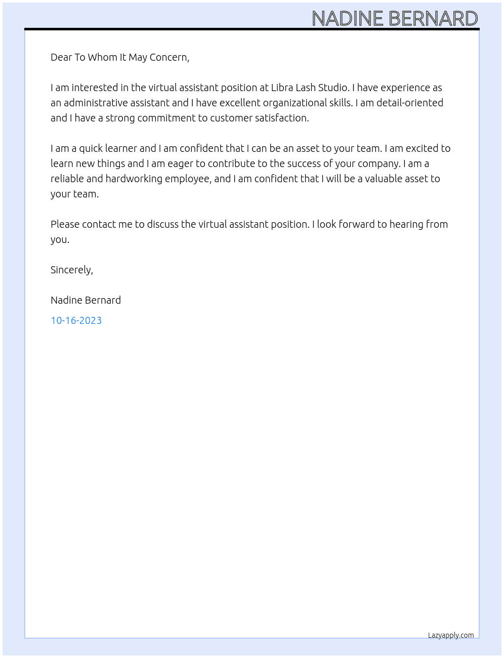 Virtual assistant  At Libra Lash Studio Cover Letter