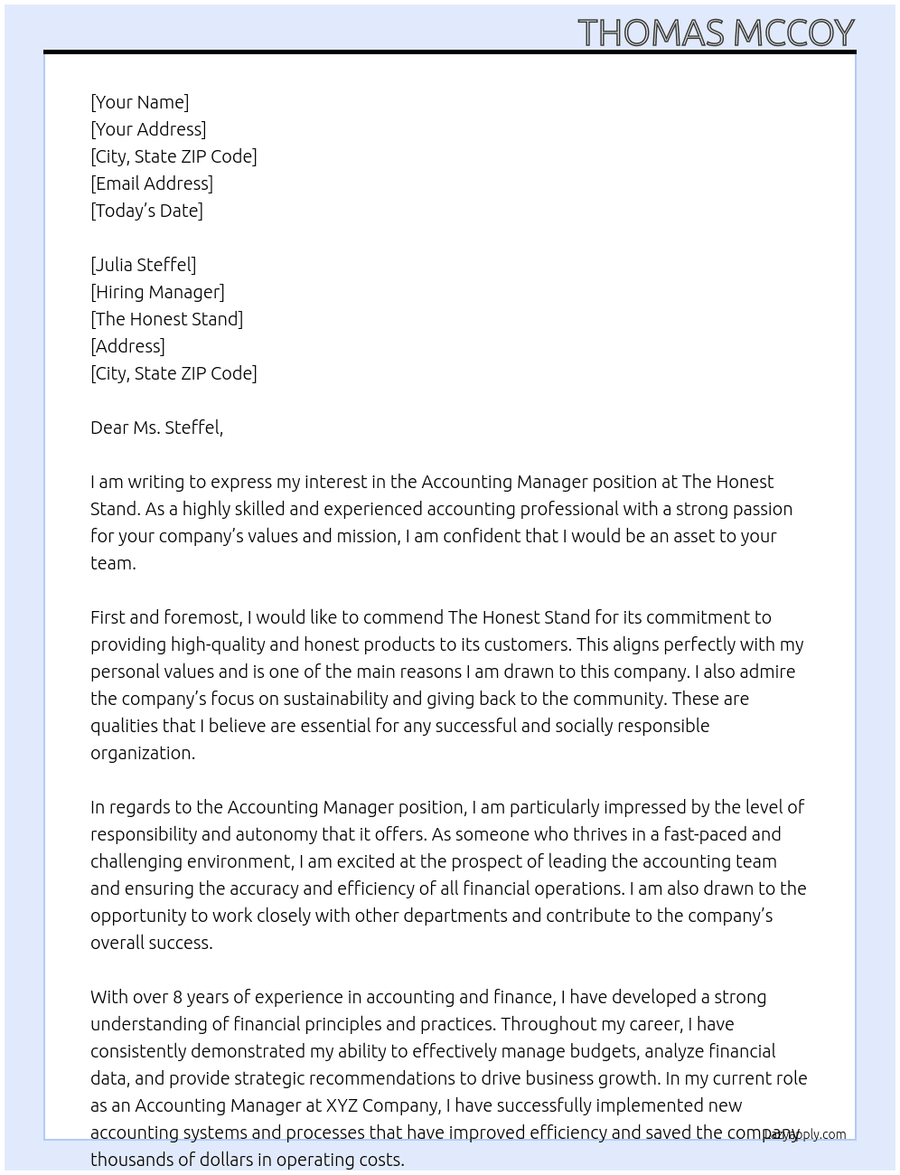 Accounting Manager At The Honest Stand Cover Letter