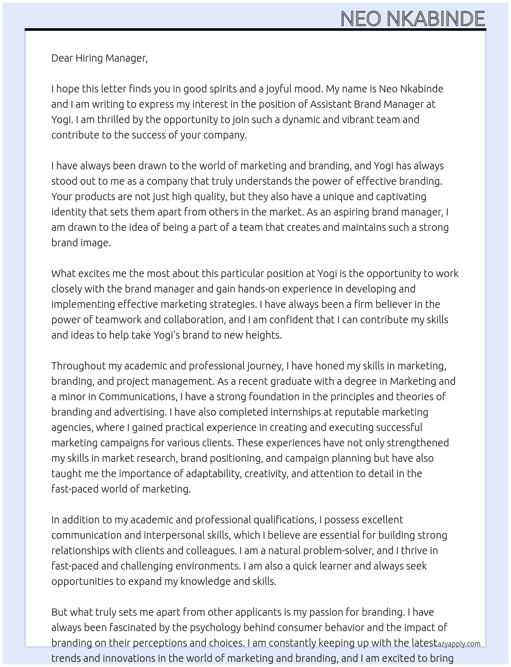 Assistant brand Manager  At Yogi Cover Letter