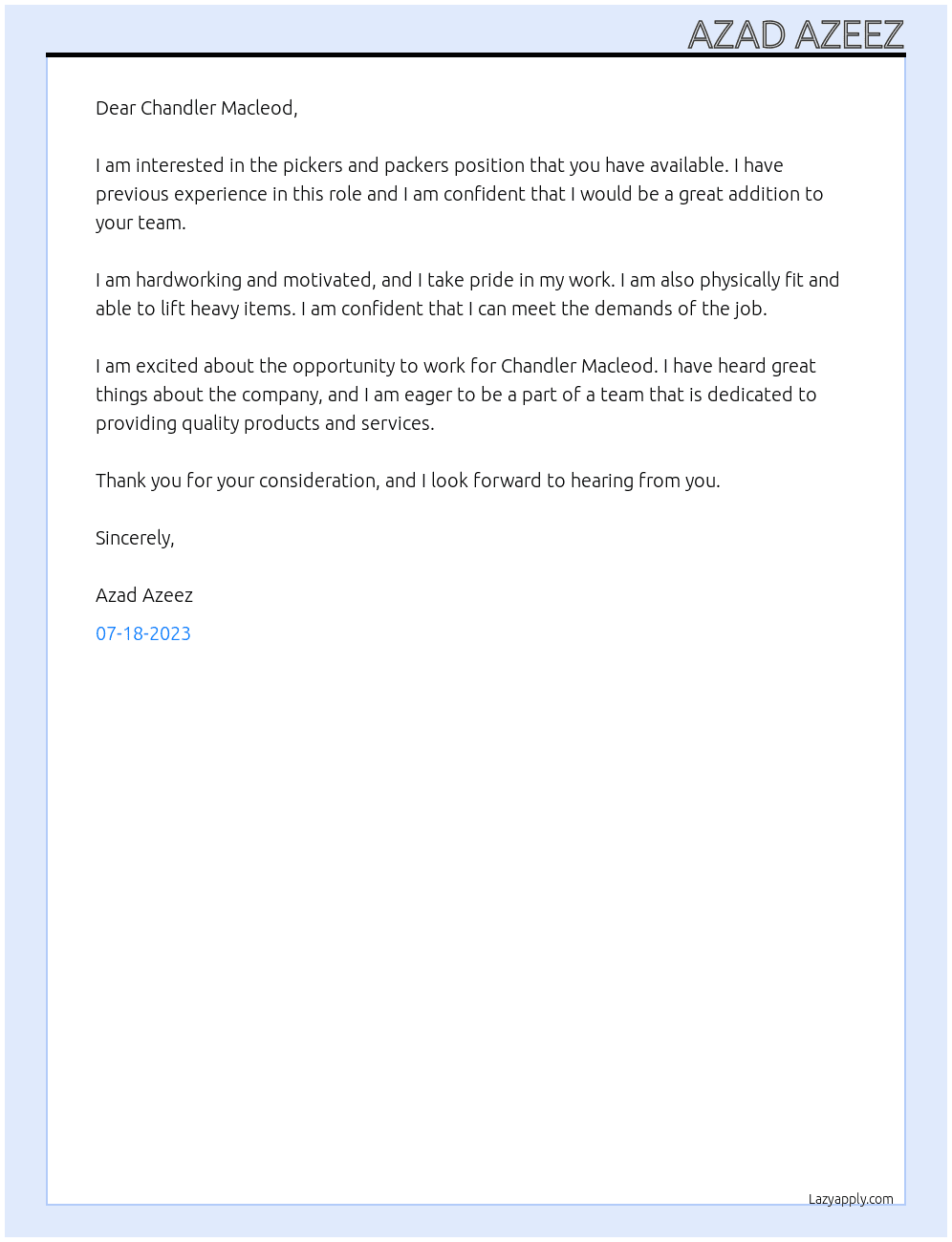pickers and packers At chandler macleod Cover Letter