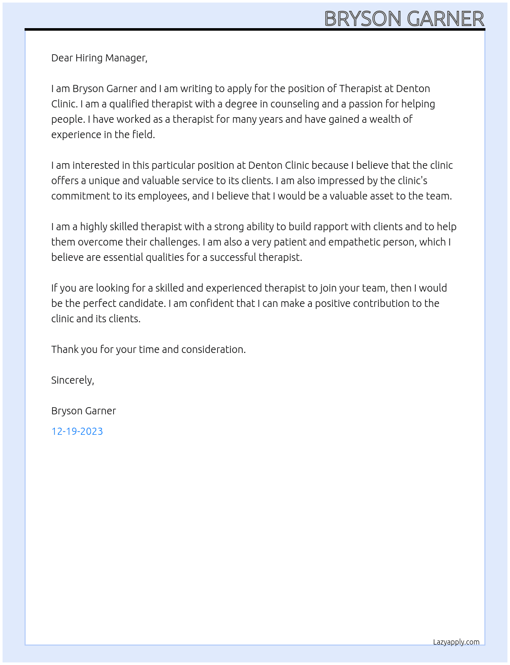 Therapist At Denton Clinic Cover Letter