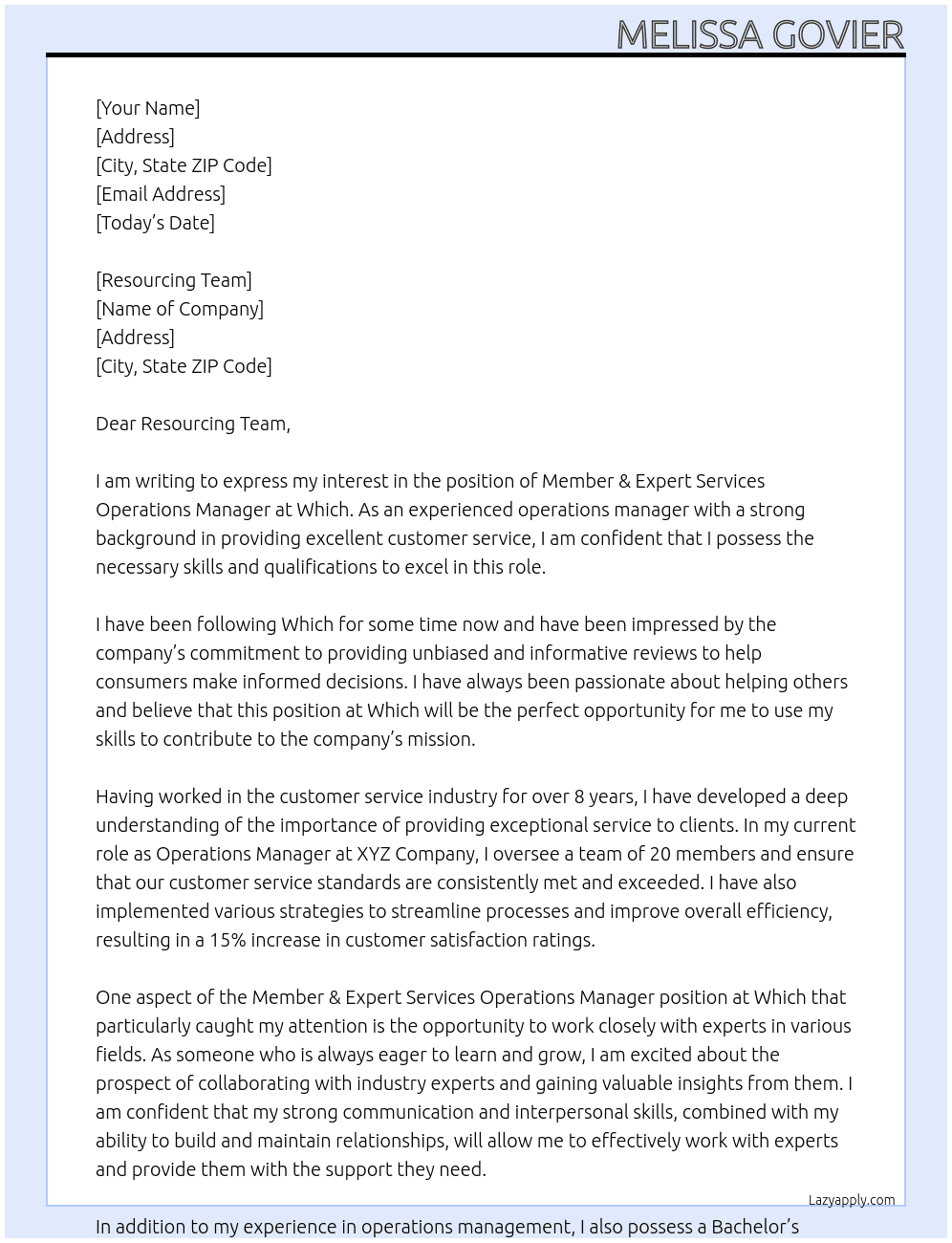 Member & Expert Services Operations Manager At Which  Cover Letter