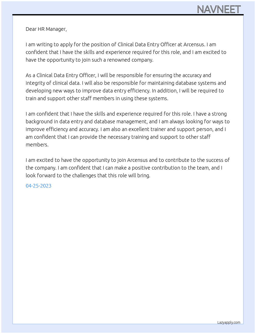 clinical data entry officer At arcensus Cover Letter