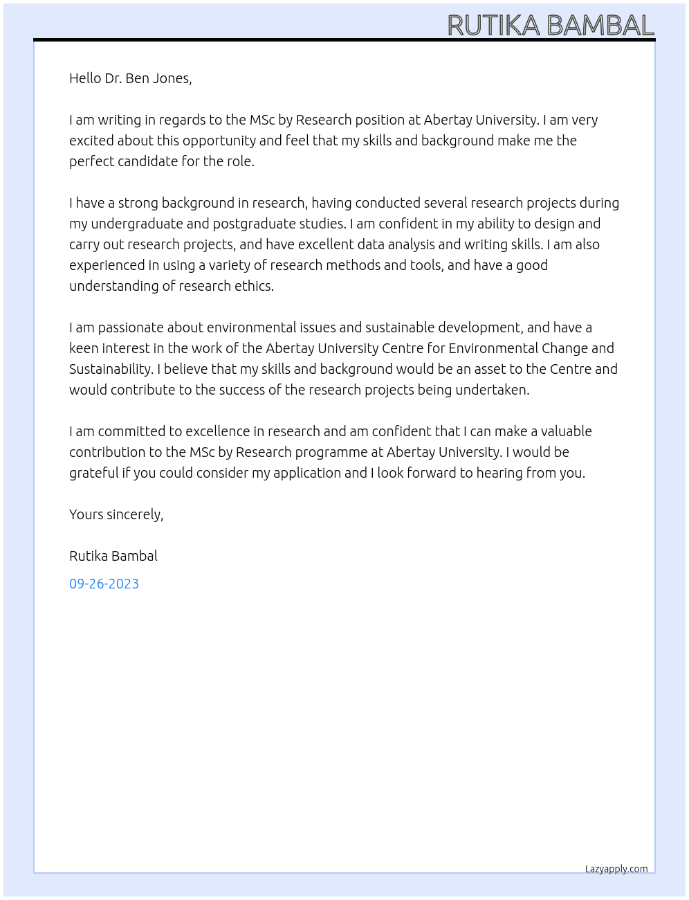 msc by research At Abertay university Cover Letter