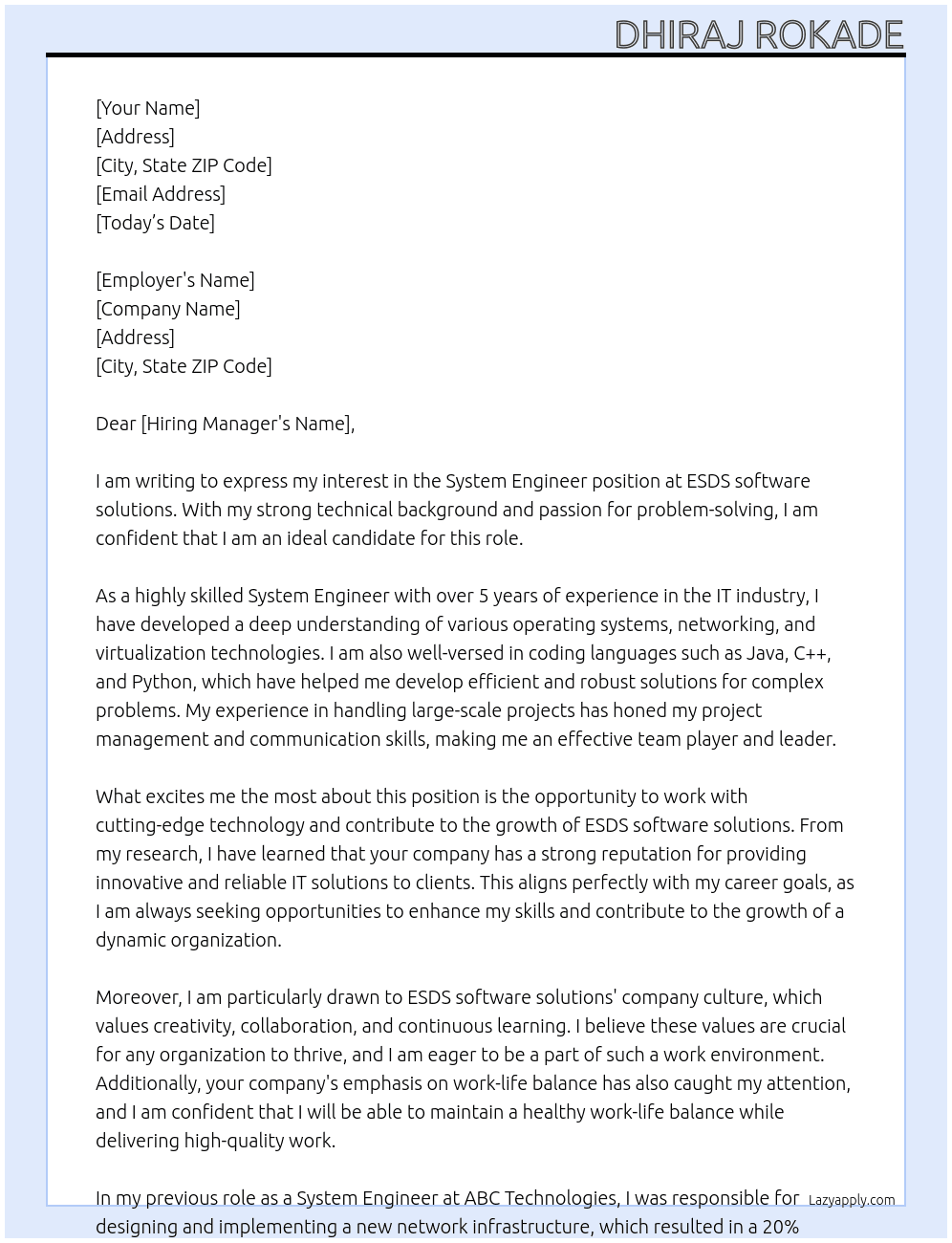 System Engineer At ESDS software solutions Cover Letter