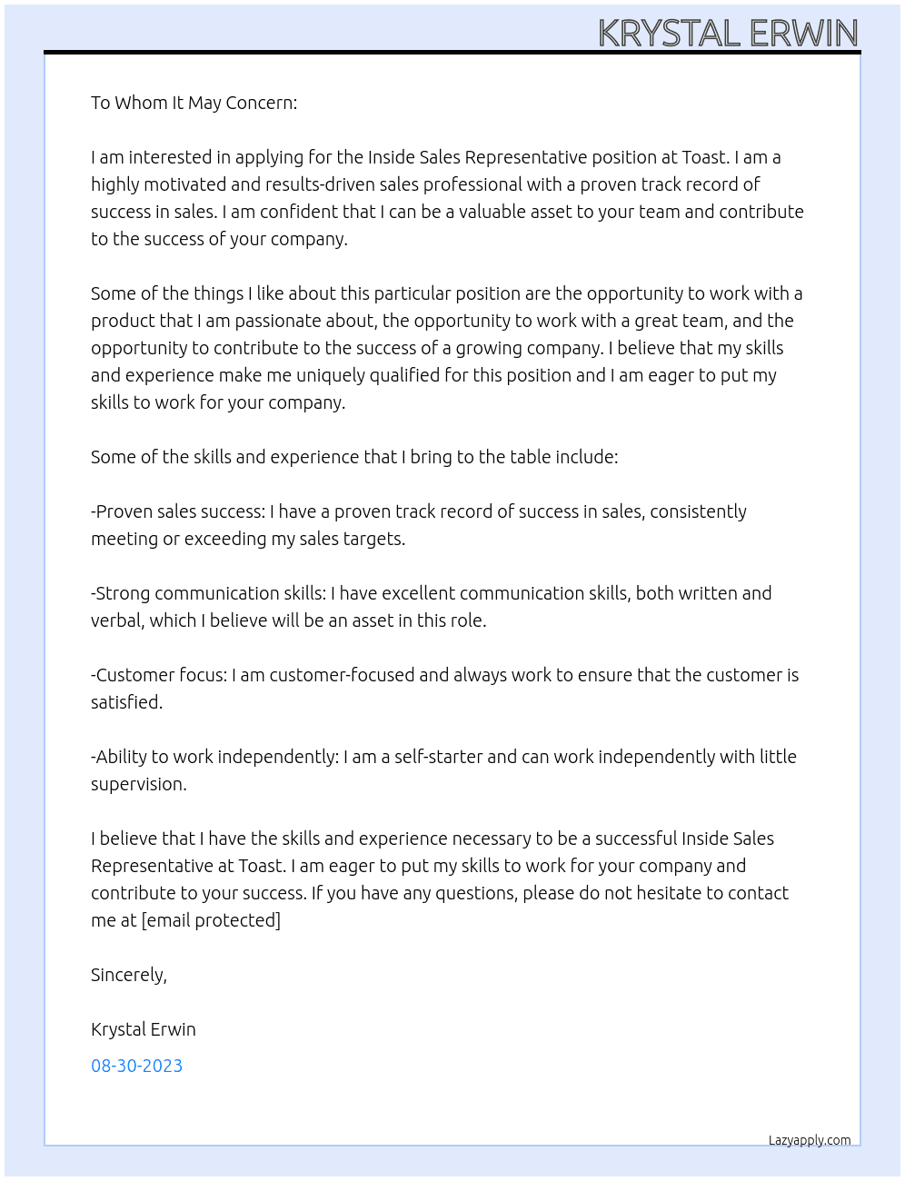 Inside Sales Representative At Toast Cover Letter