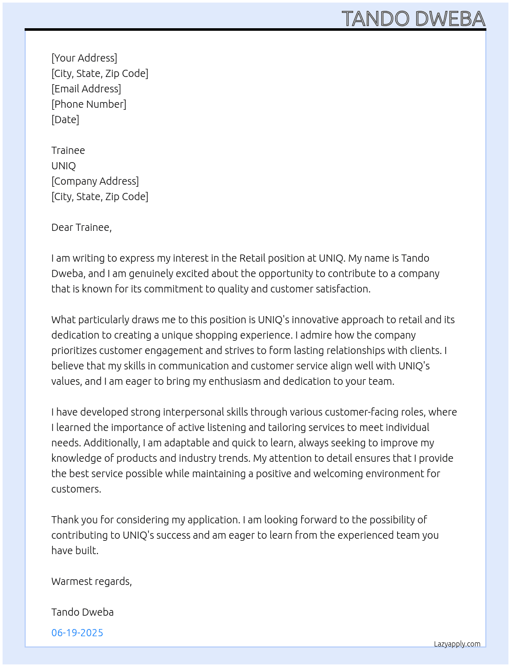 Retail At UNIQ Cover Letter