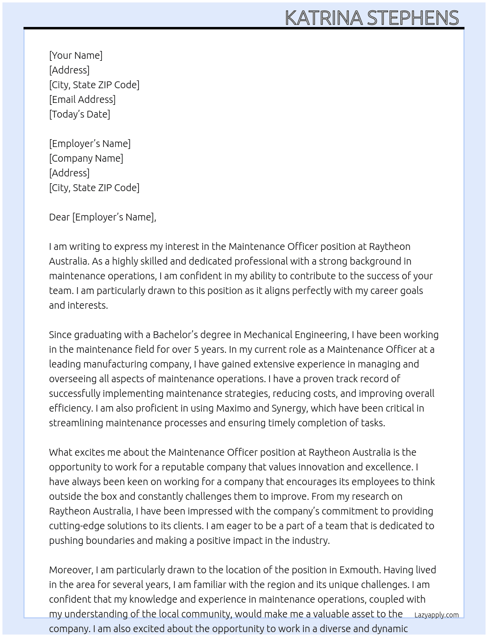 Maintenance Officer At Raytheon Australia  Cover Letter
