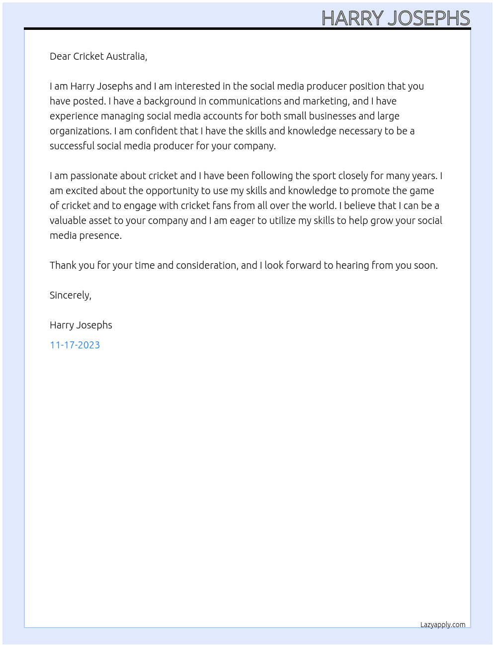 Social media producer At Cricket Australia Cover Letter