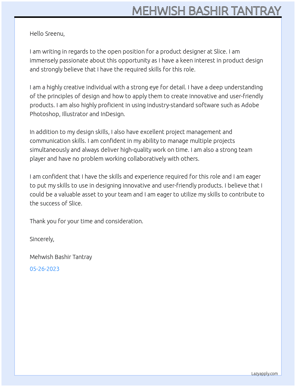 product Designer  At Slice Cover Letter