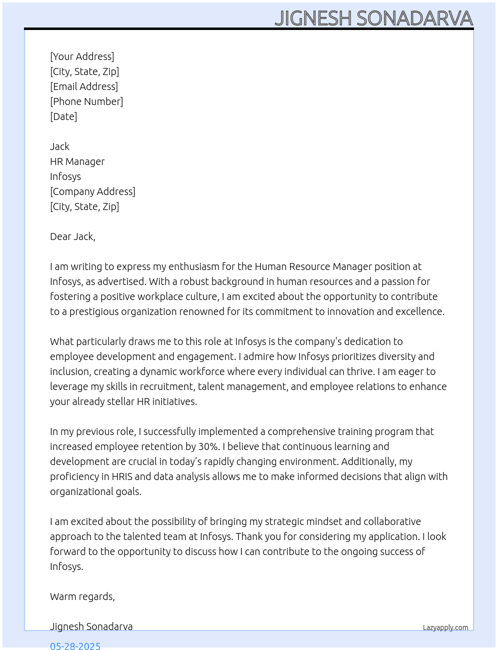 Cover letter for human resource manager - LazyApply