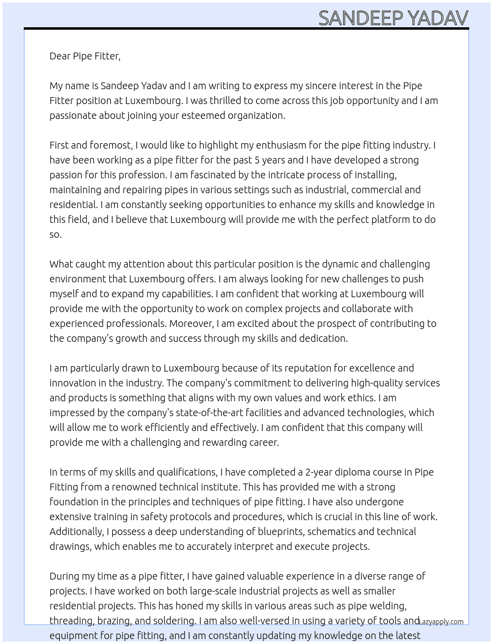 Pipe fitter At Luxembourg Cover Letter