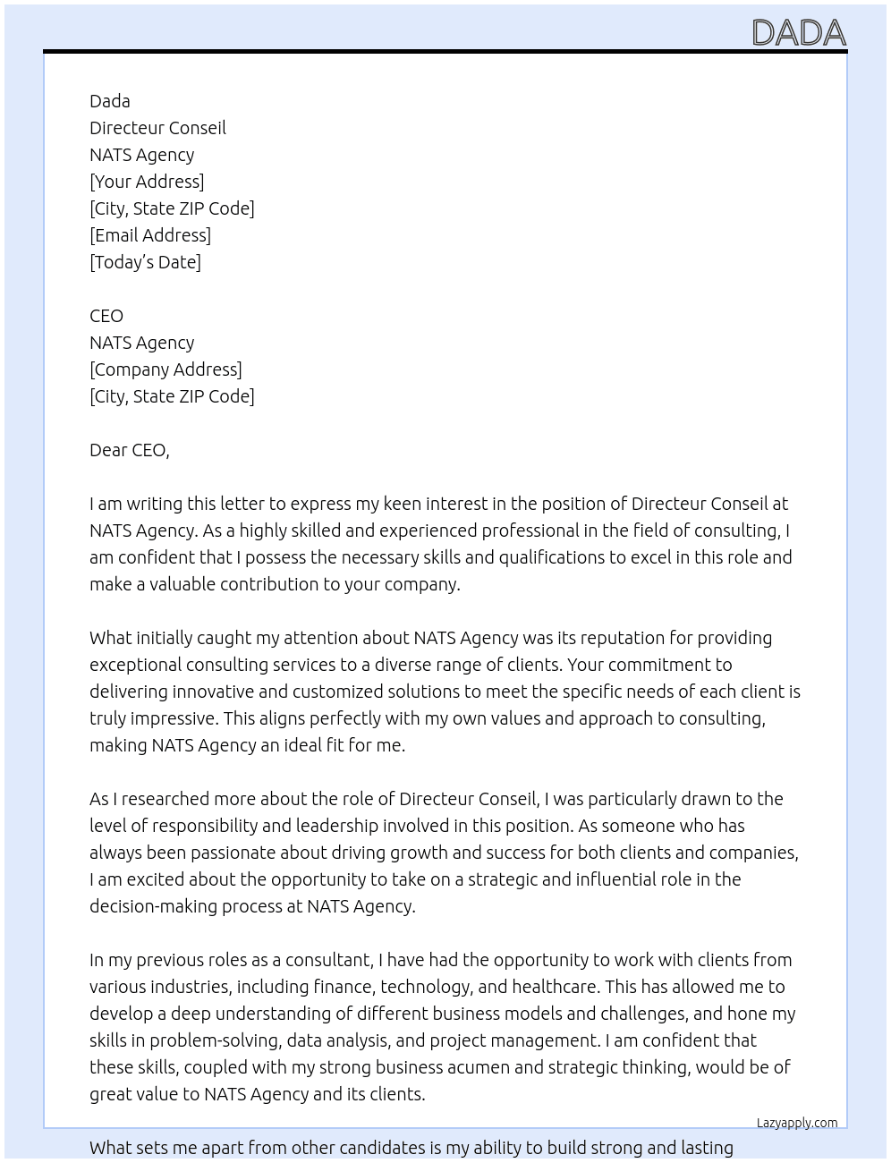 Directeur conseil  At NATS agency Cover Letter