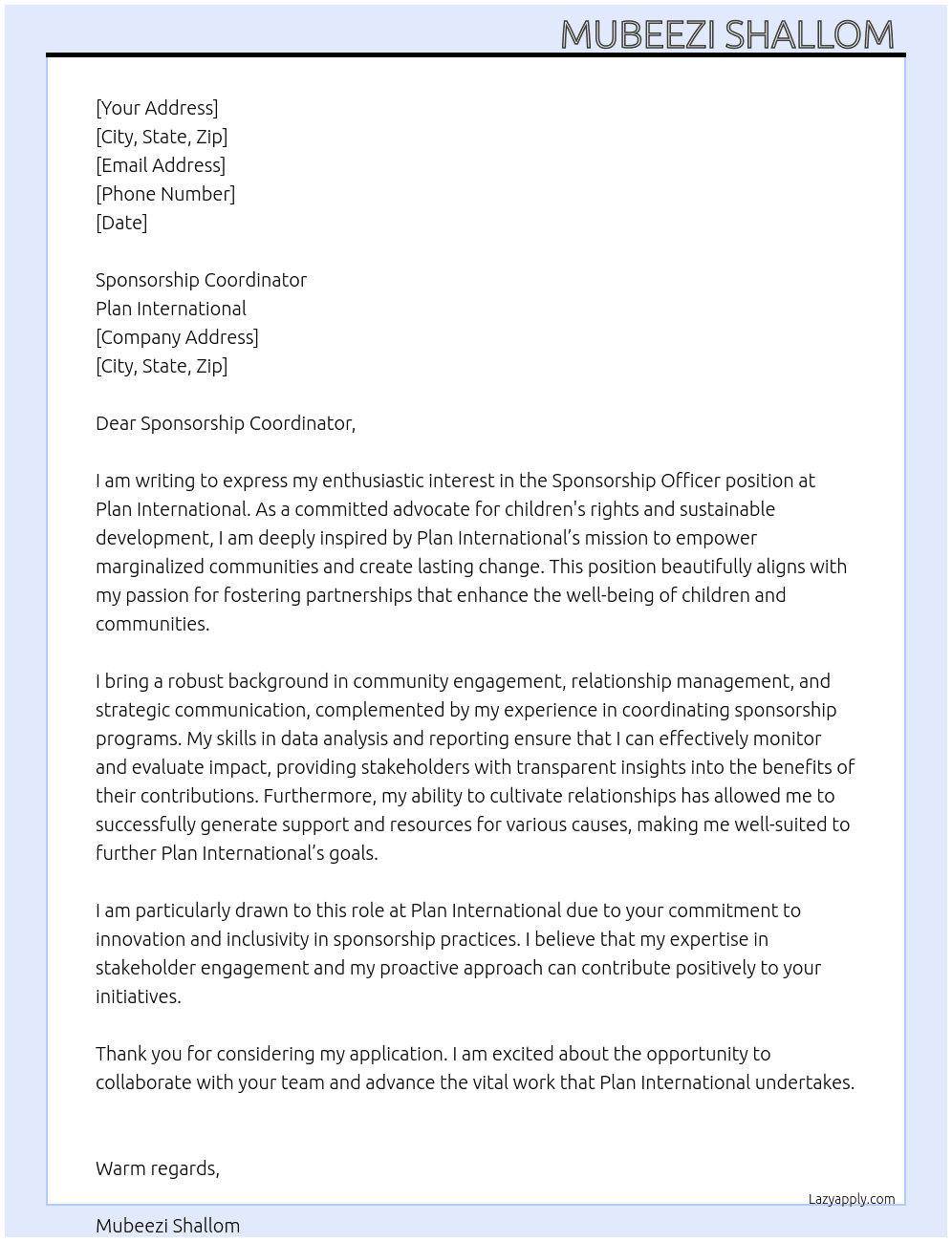 Cover letter for sponsorship officer - LazyApply
