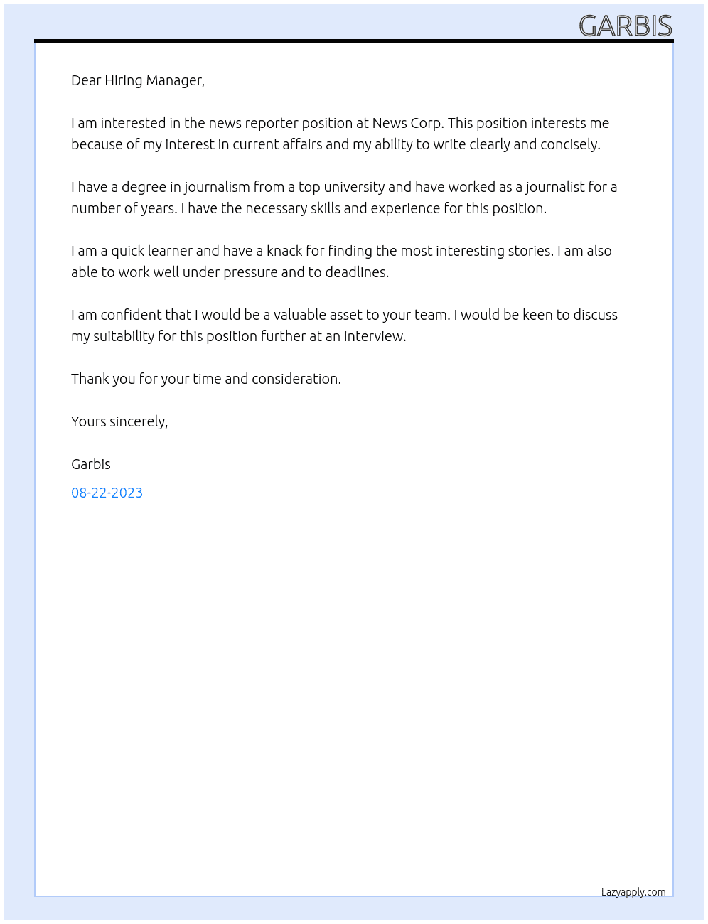 News reporter At News Corp Cover Letter