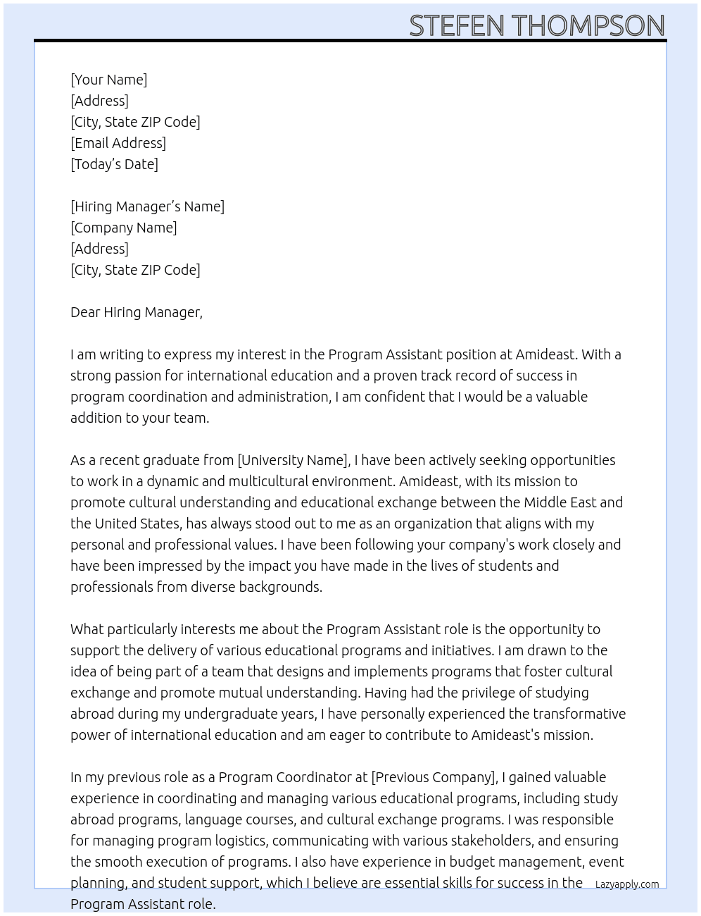 Program Assistant At Amideast Cover Letter