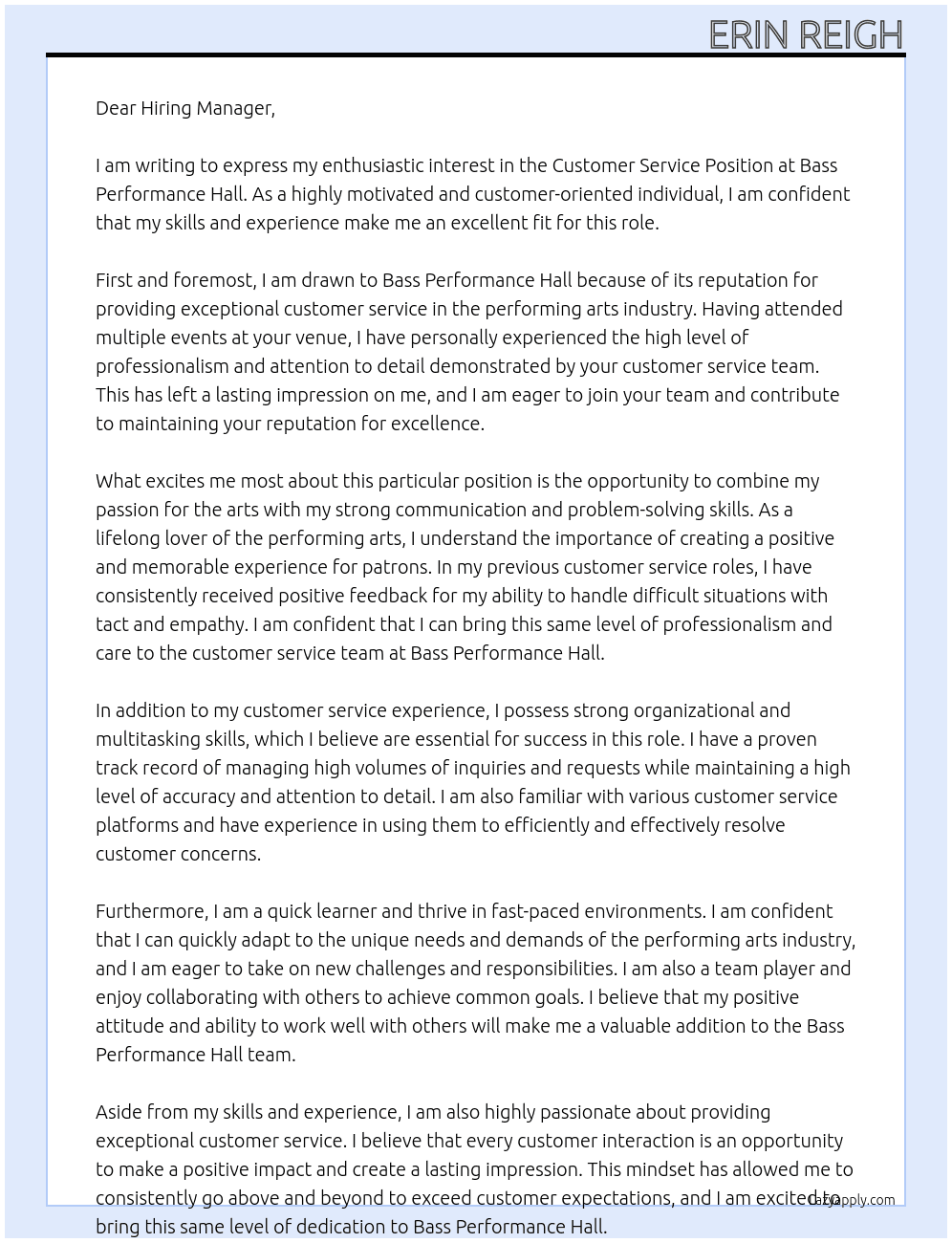 customer service position At Bass Performance Hall Cover Letter