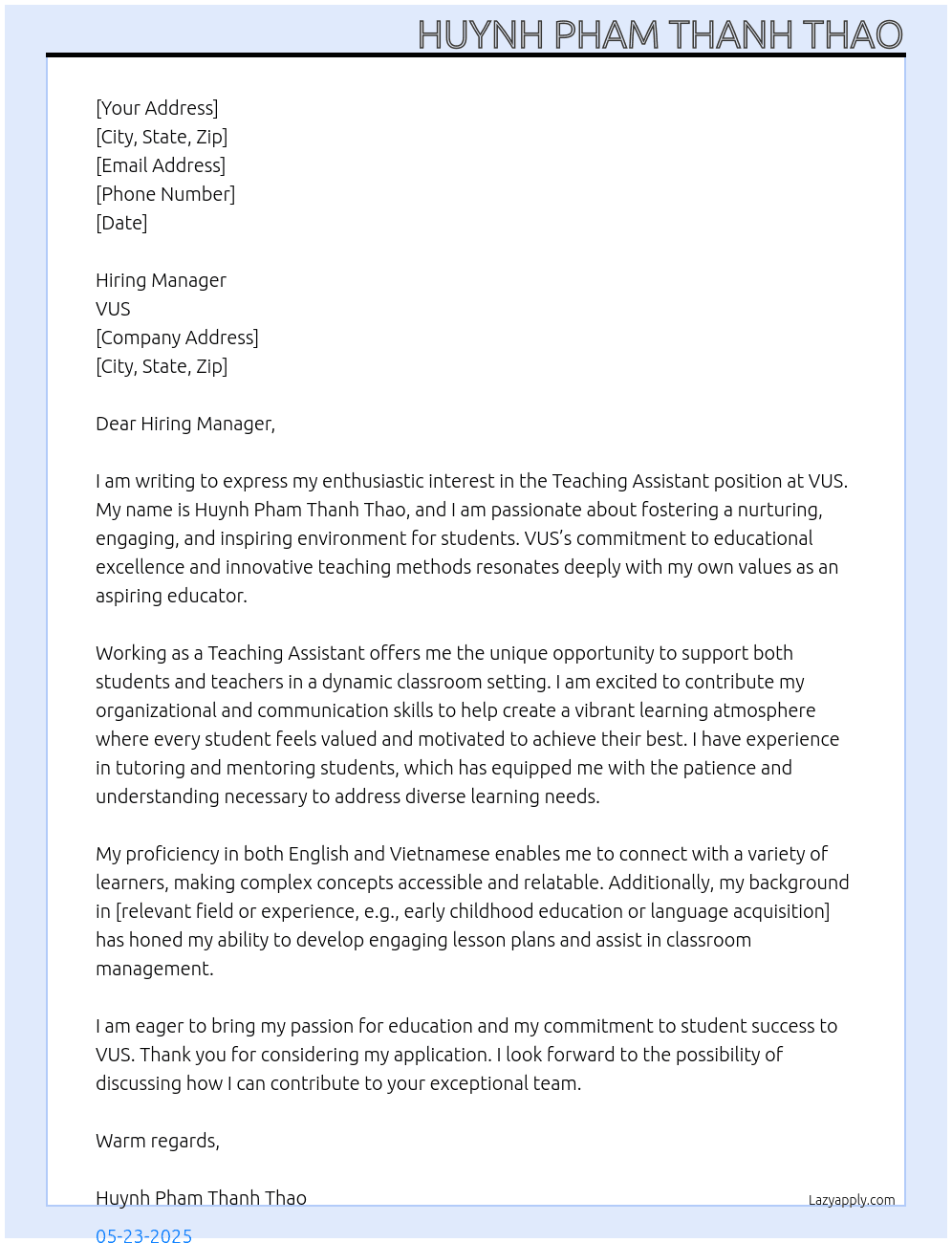 teaching assistant  At VUS Cover Letter