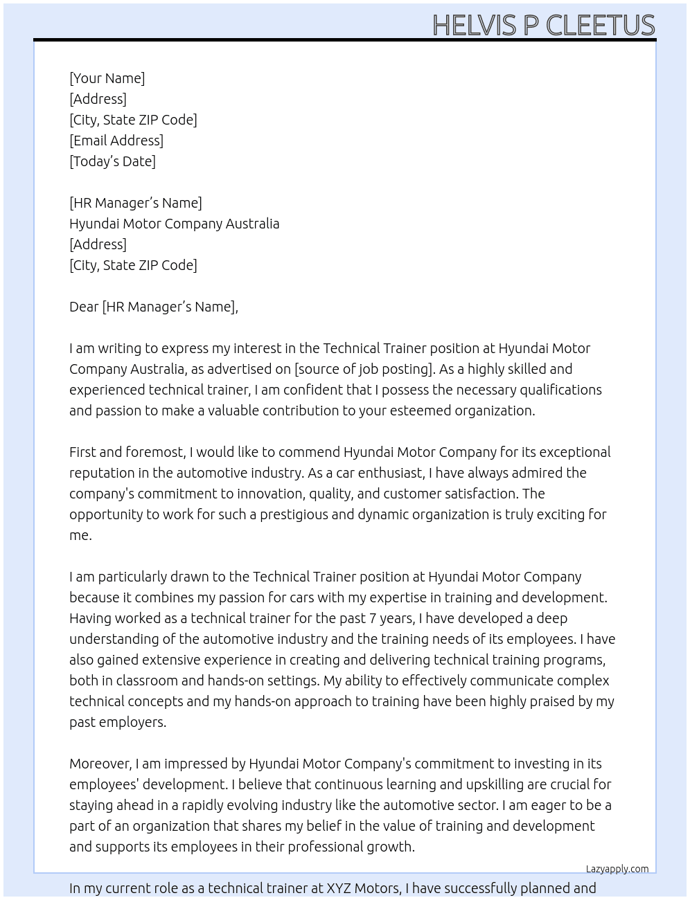Technical Trainer  At HYUNDAI motor company Australia  Cover Letter