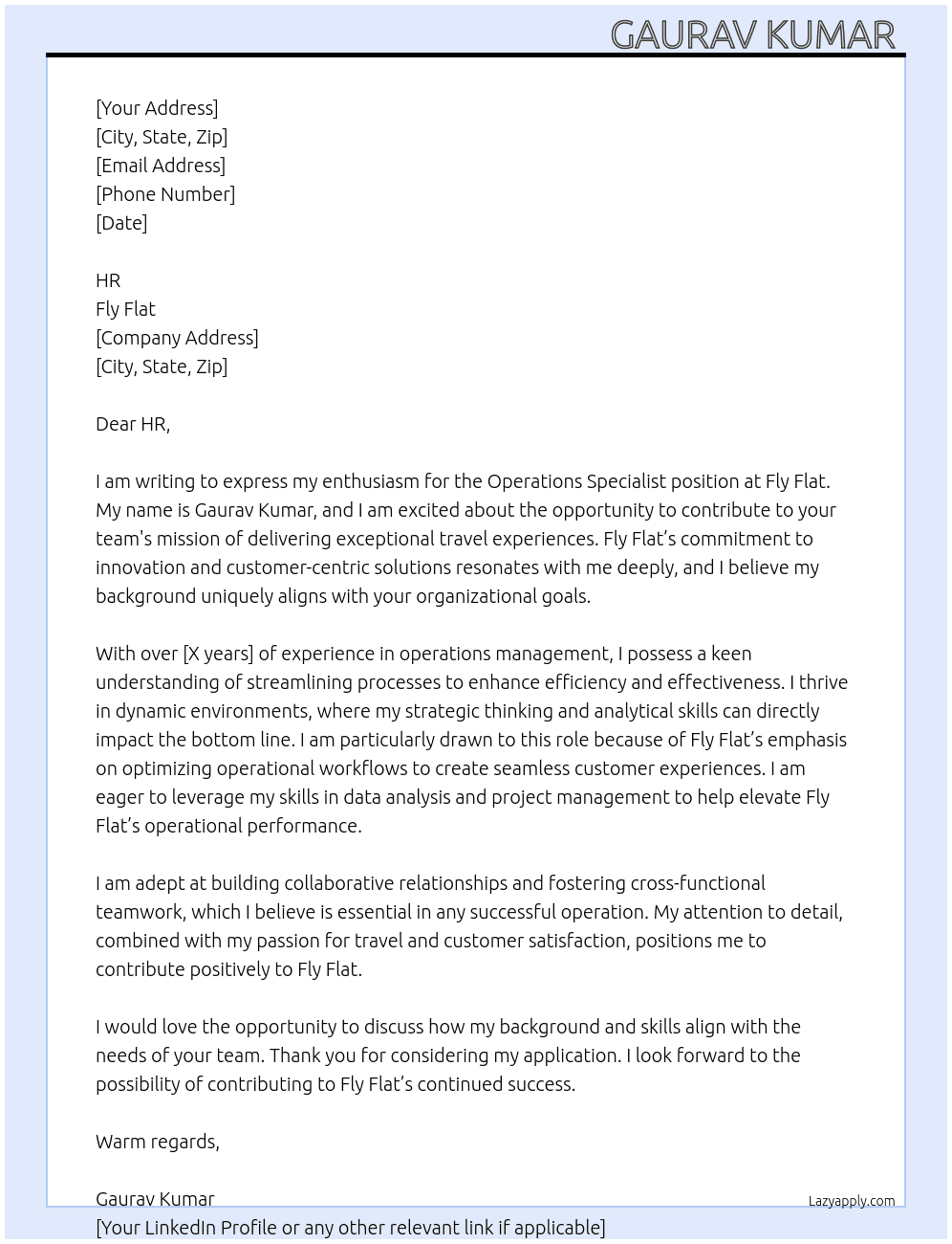 Cover letter for operation specialist - LazyApply