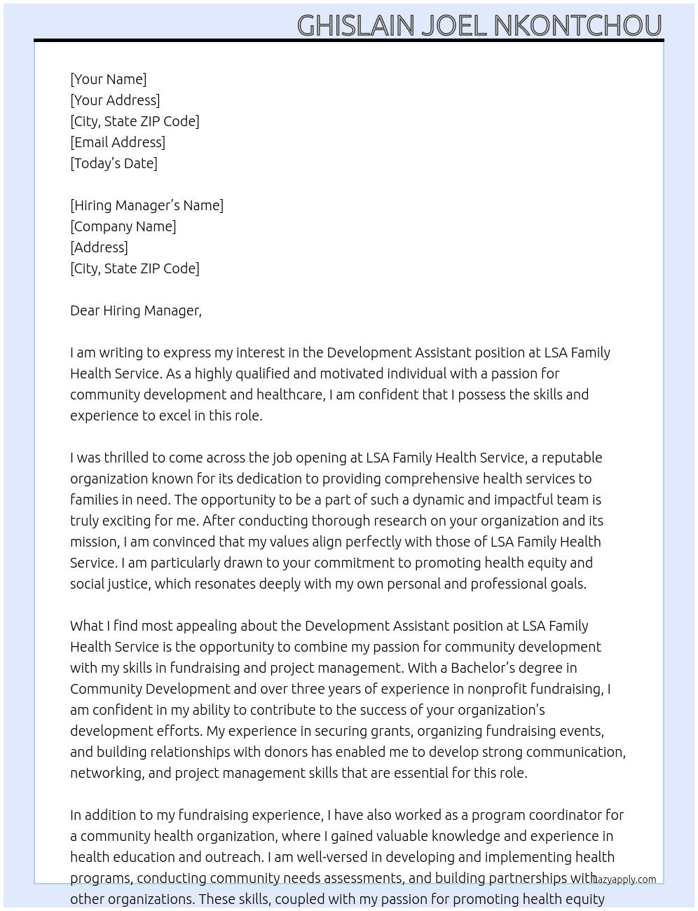 Development Assistant At LSA Family Health Service Cover Letter