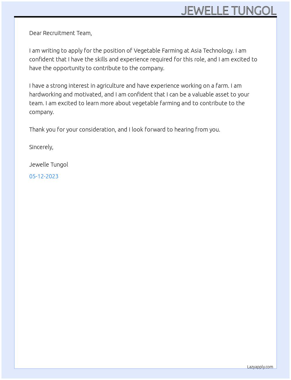 Vegetable Farming At Asia Technology Cover Letter