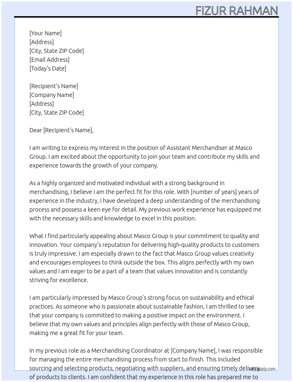 Assistant Merchandiser   At Masco Group Cover Letter
