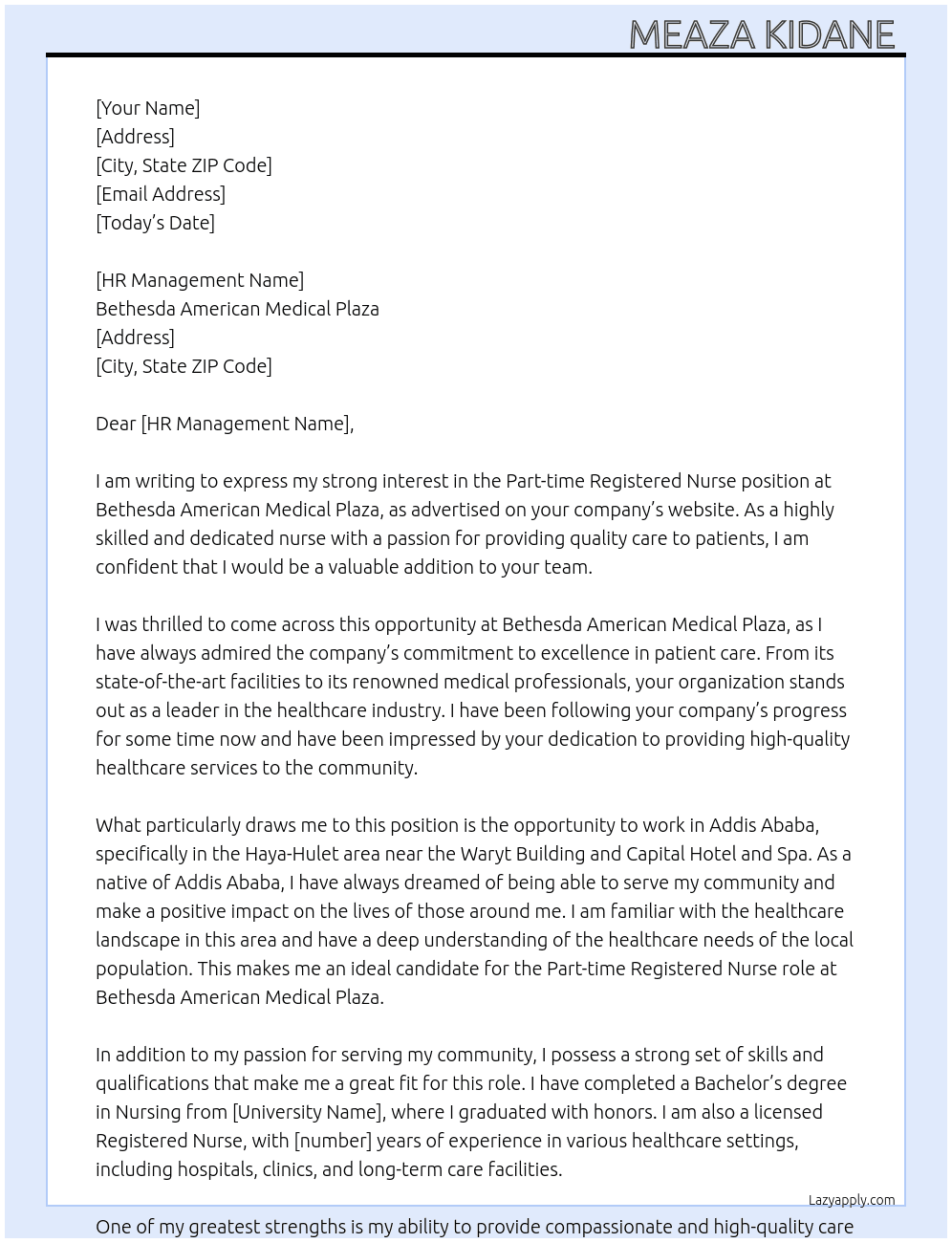 Register nurse  At bethesda american medical plaza Cover Letter