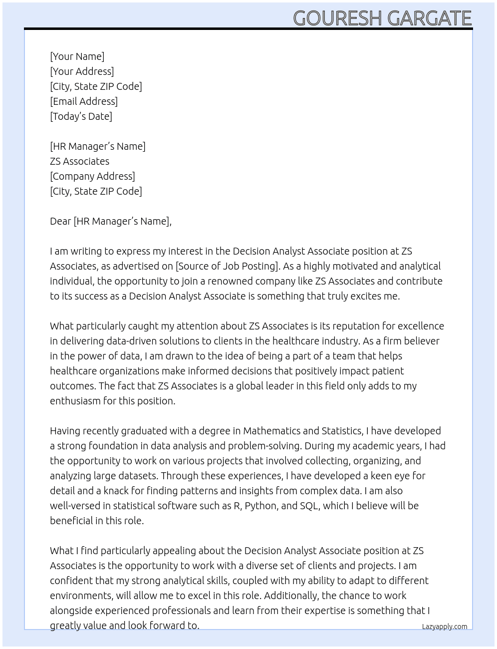 Decision Analyst Associate At ZS associates Cover Letter
