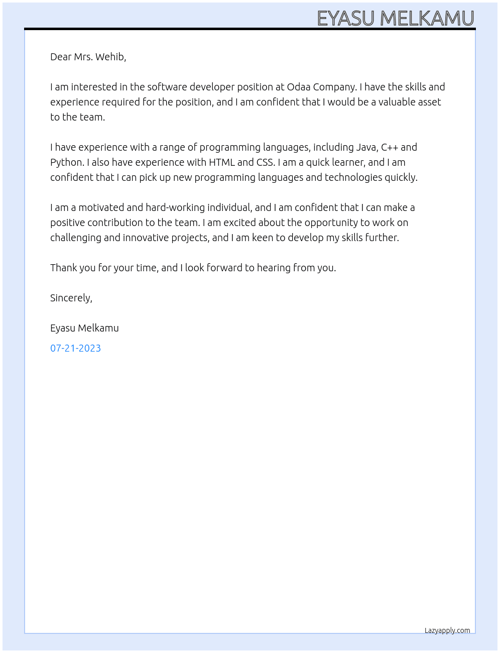 Software developer At Odaa Company  Cover Letter