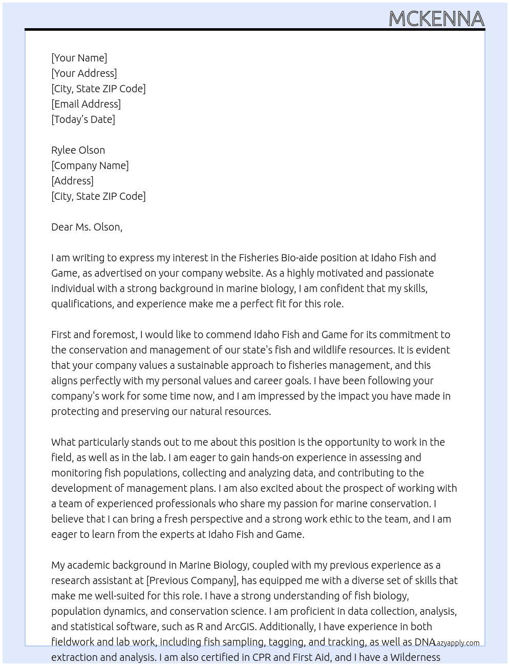 Fisheries bio-aide At idaho fish and game Cover Letter