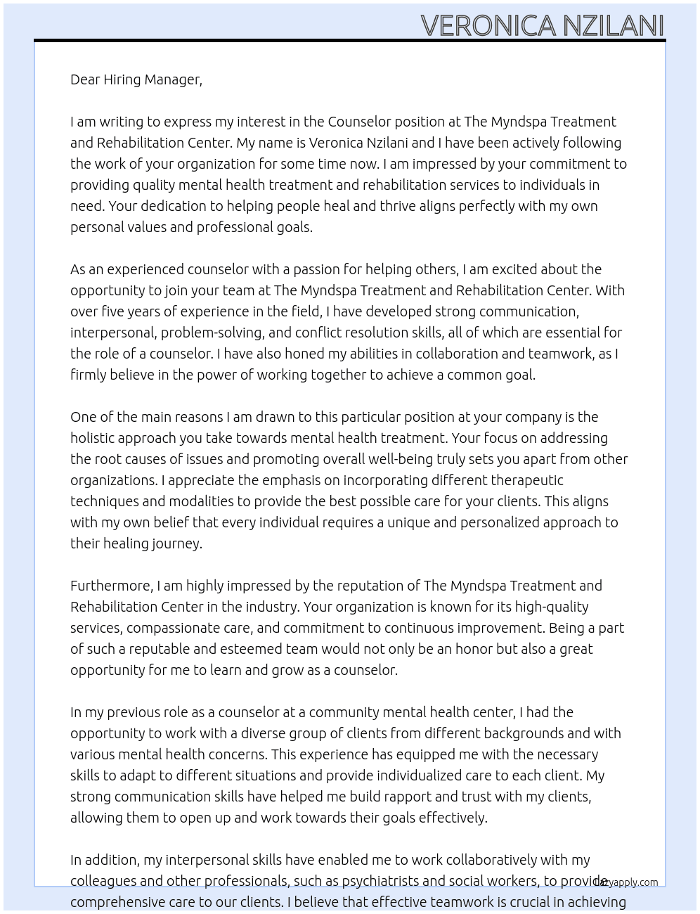 Counselor At The Myndspa Treatment and Rehabilitation Center Cover Letter