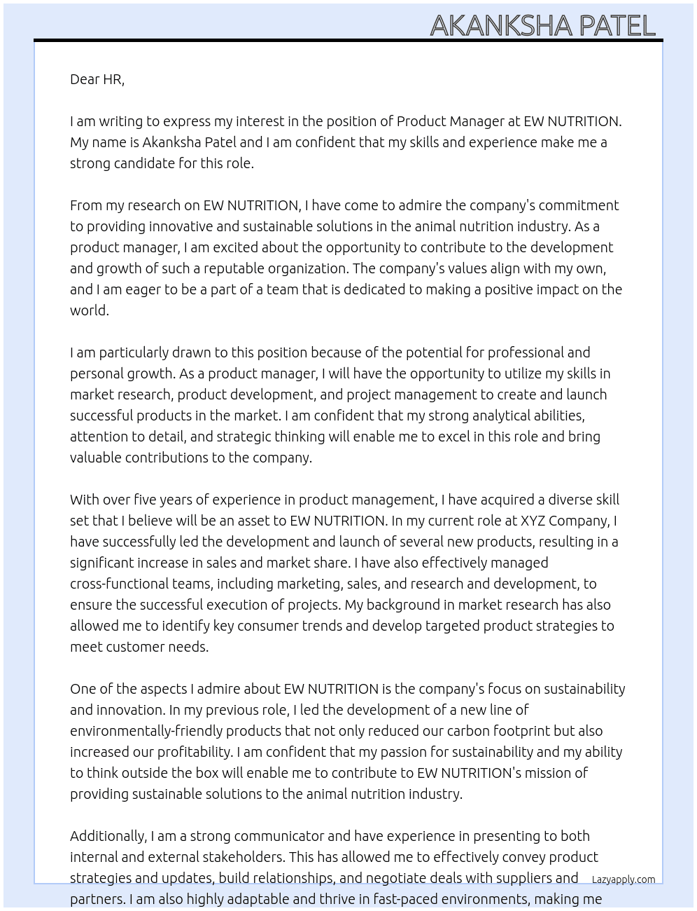 Product manager  At EW NUTRITION  Cover Letter