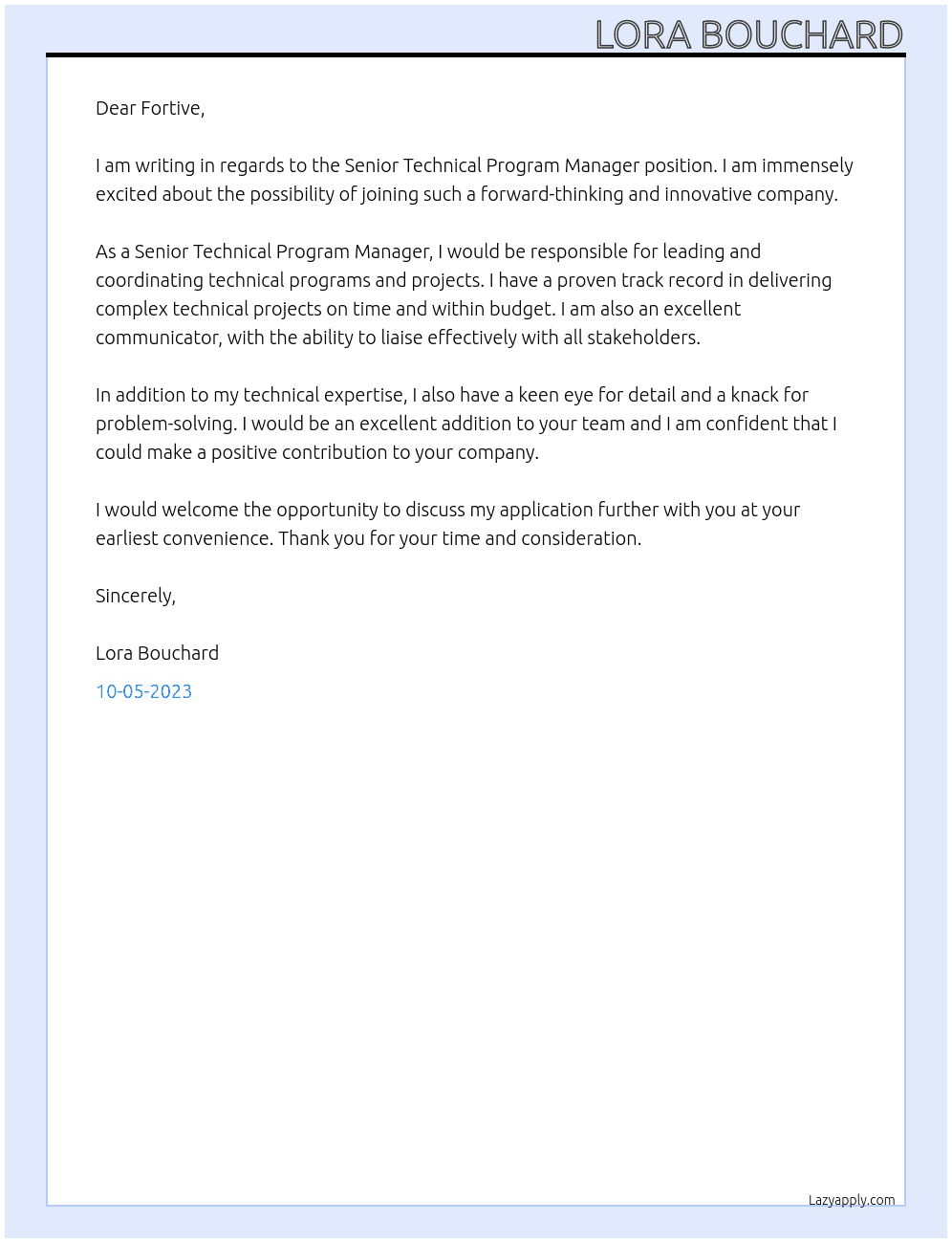 Senior Technical Program Manager At Fortive Cover Letter