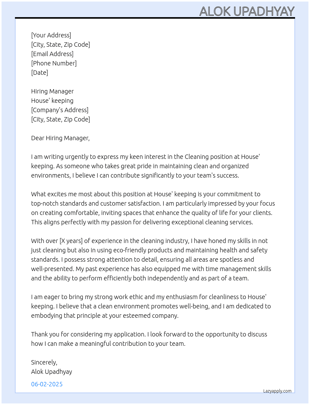 Cleaning  At House' keping  Cover Letter