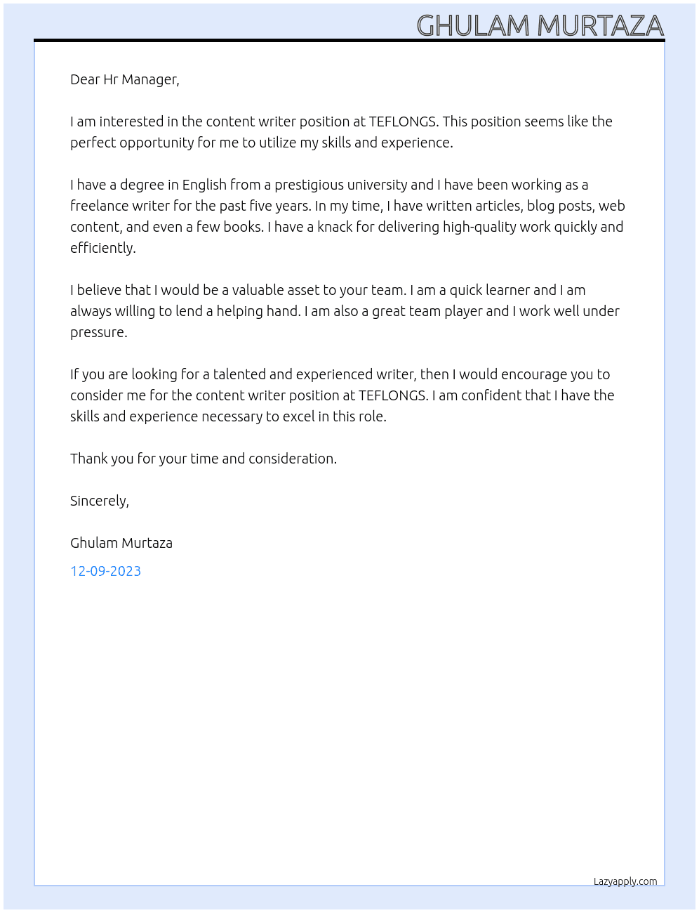 Content writer At TEFLONGS  Cover Letter