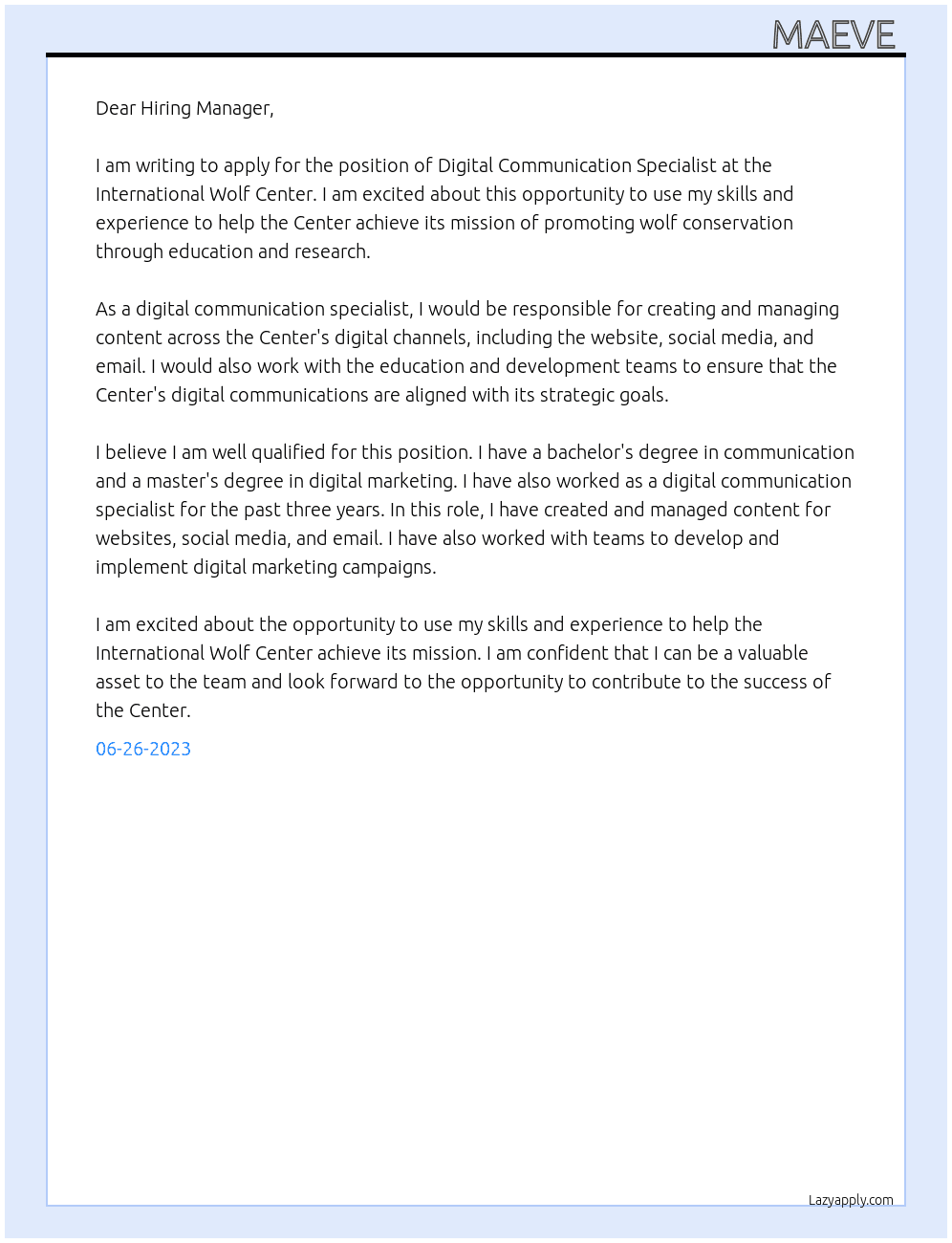 Digital Communication Specalist At International Wolf Center Cover Letter