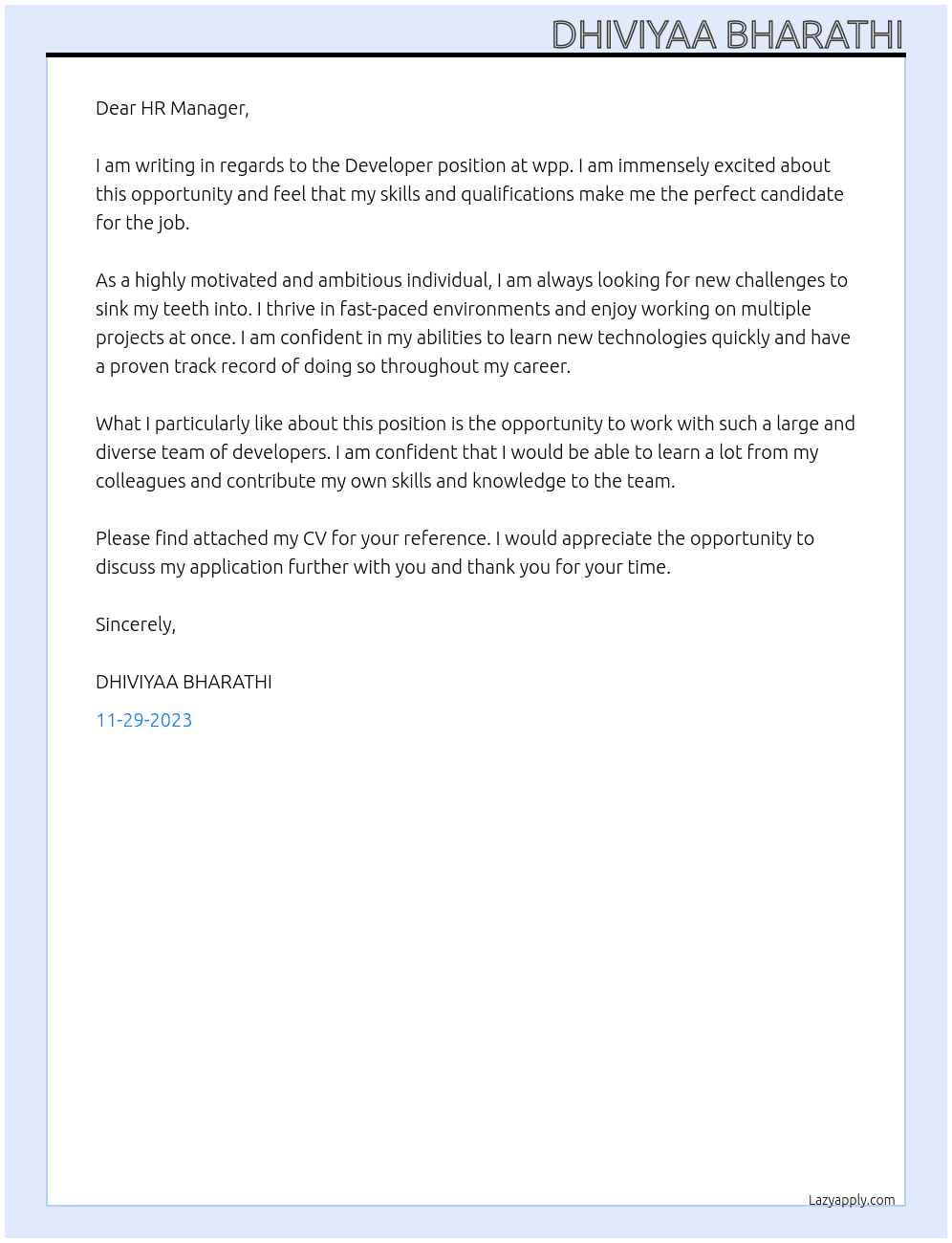 developer At wpp Cover Letter