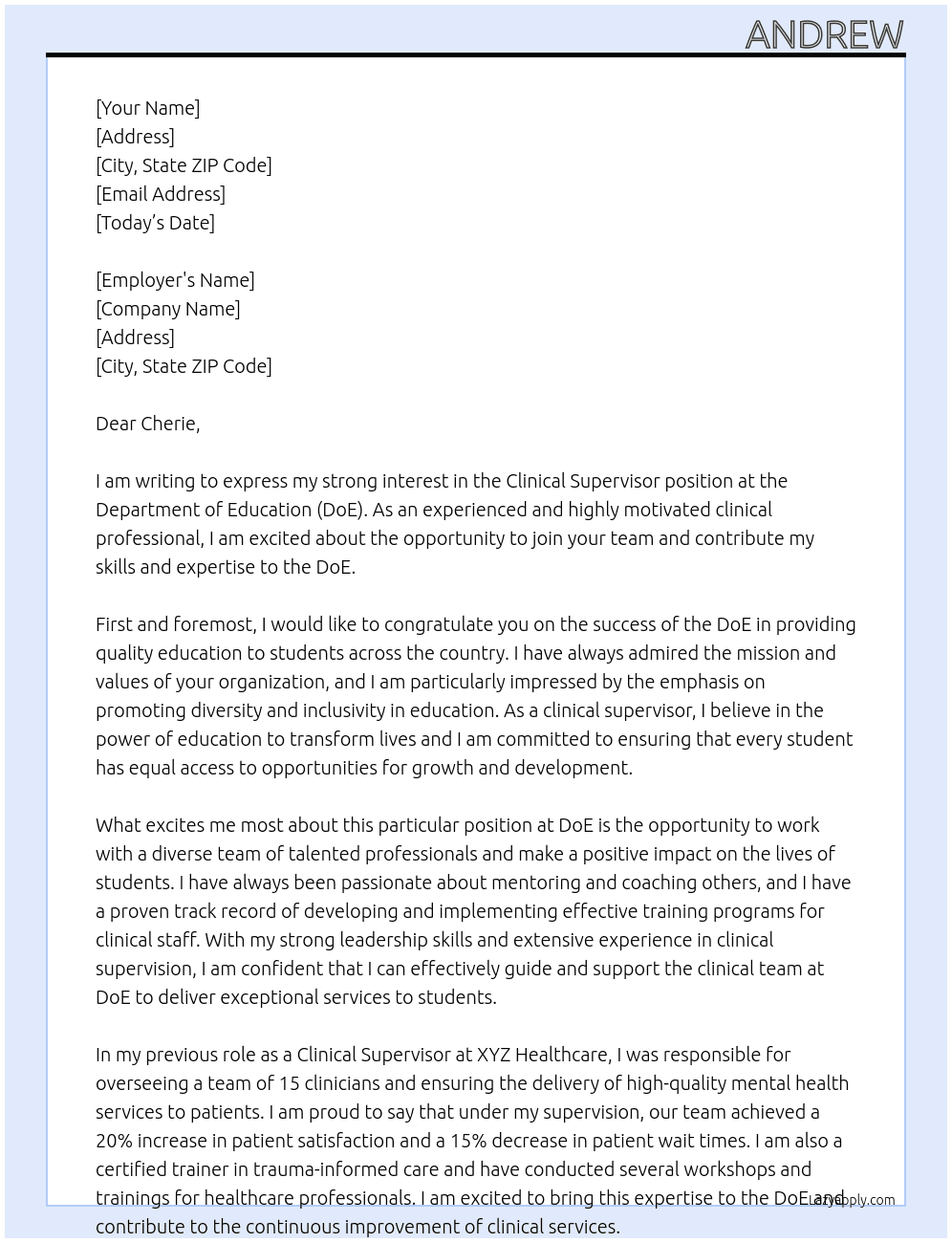 Clinical Supervisor At DoE Cover Letter