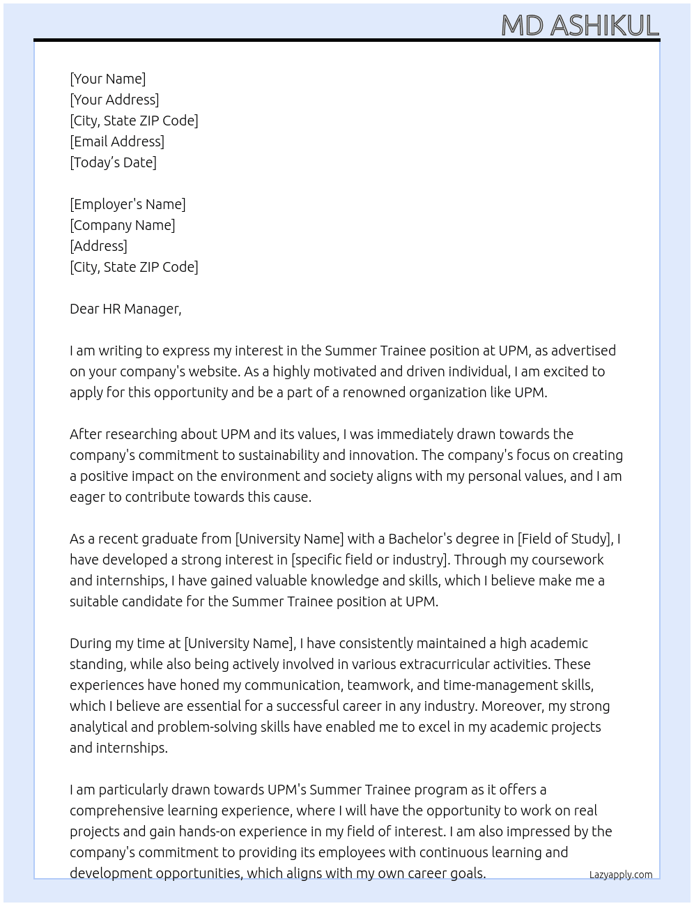 Summer Trainee At UPM Cover Letter