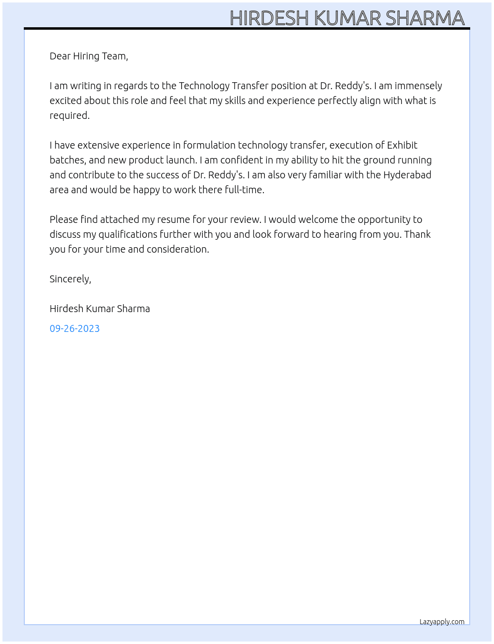 Technology transfer  At Dr Reddy's  Cover Letter