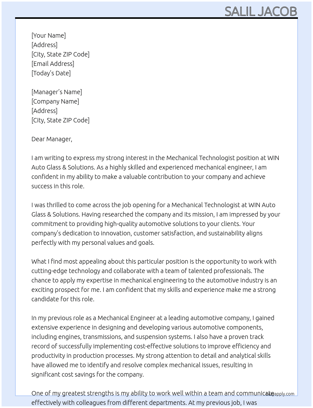 Mechanical Technologist At WIN Auto Glass & Solutions Cover Letter