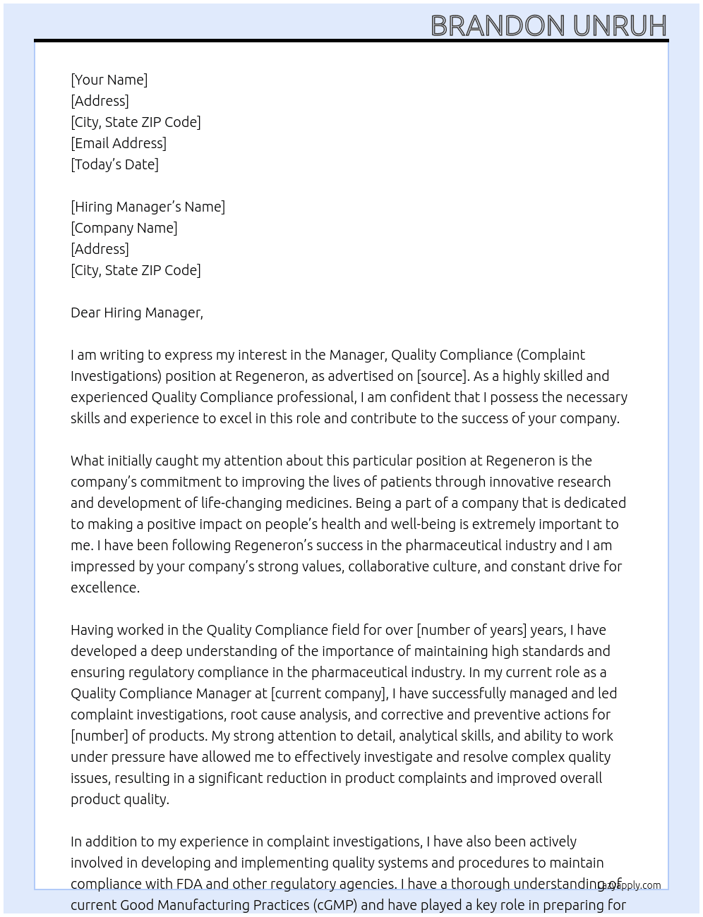 Manager, Quality Compliance (Complaint Investigations) At Regeneron Cover Letter