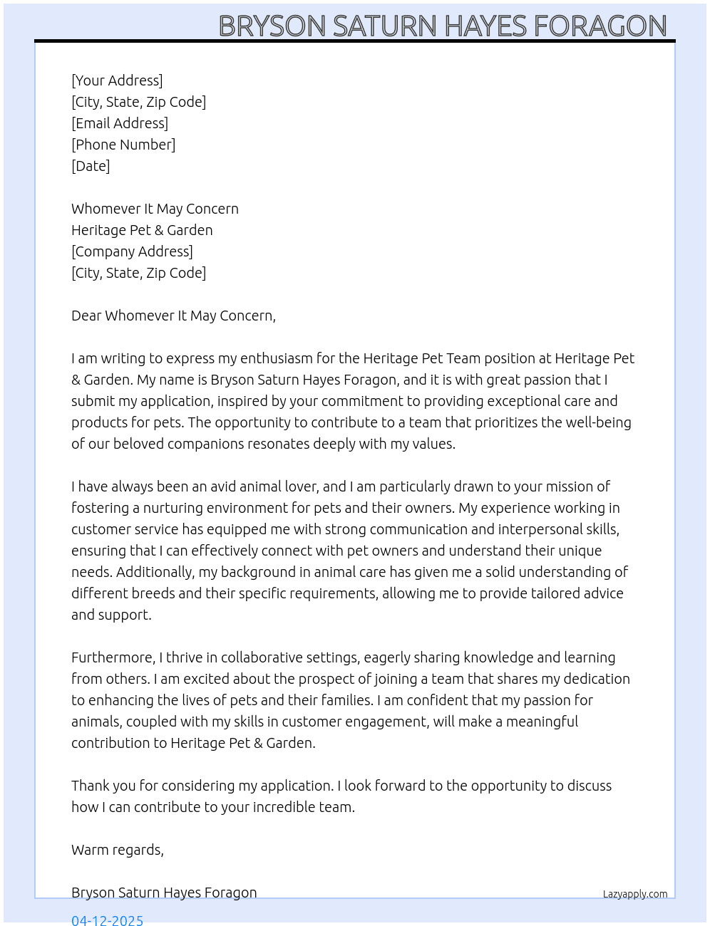 Cover letter for heritage pet team - LazyApply
