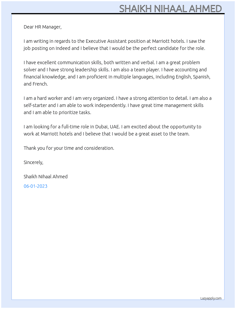 Executive assistant  At Marriott hotels Cover Letter