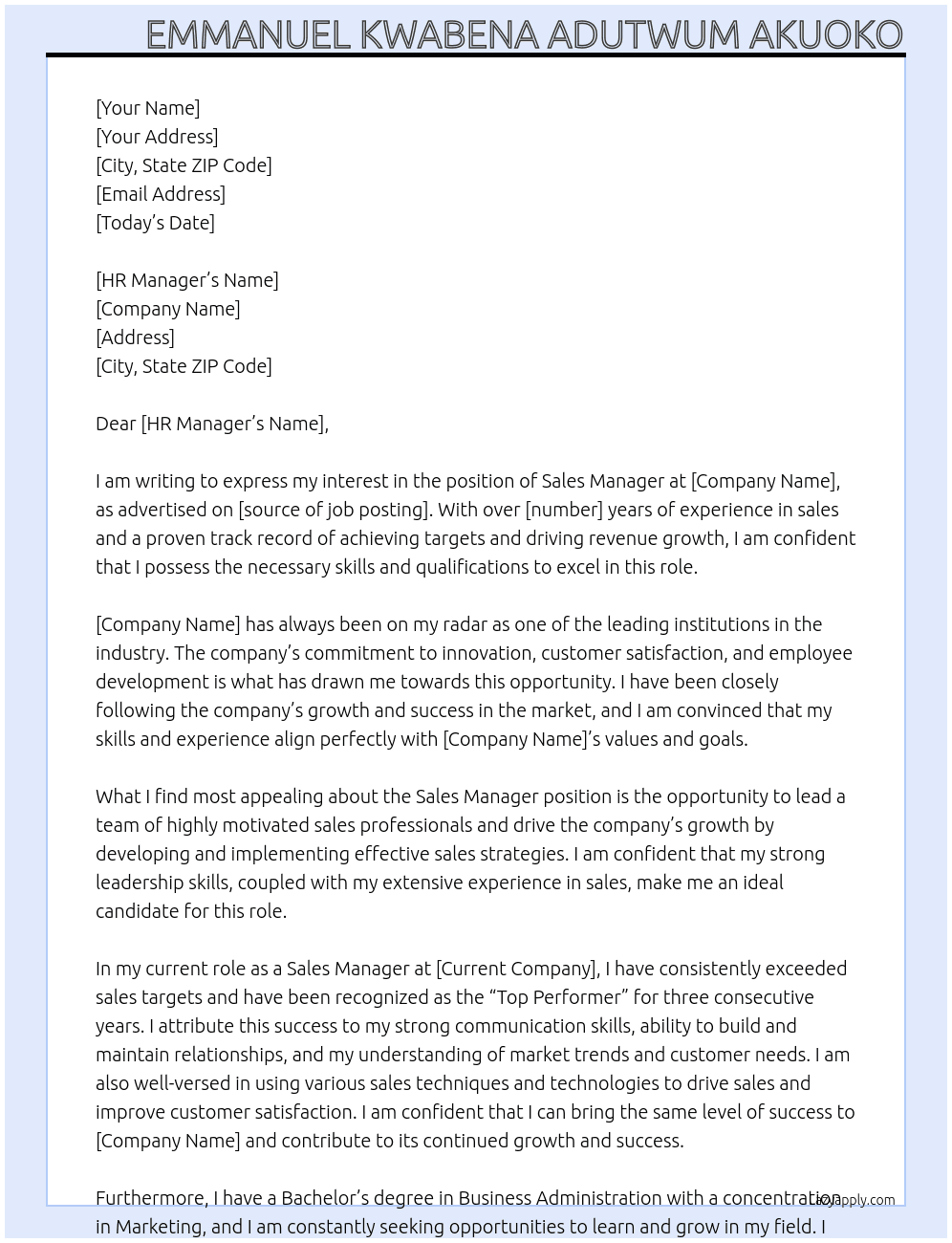 Sales Manager  At Institution  Cover Letter