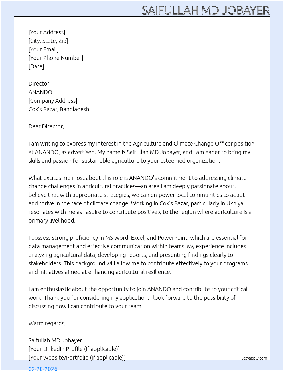 Agriculture and Climate Change Officer At ANANDO Cover Letter