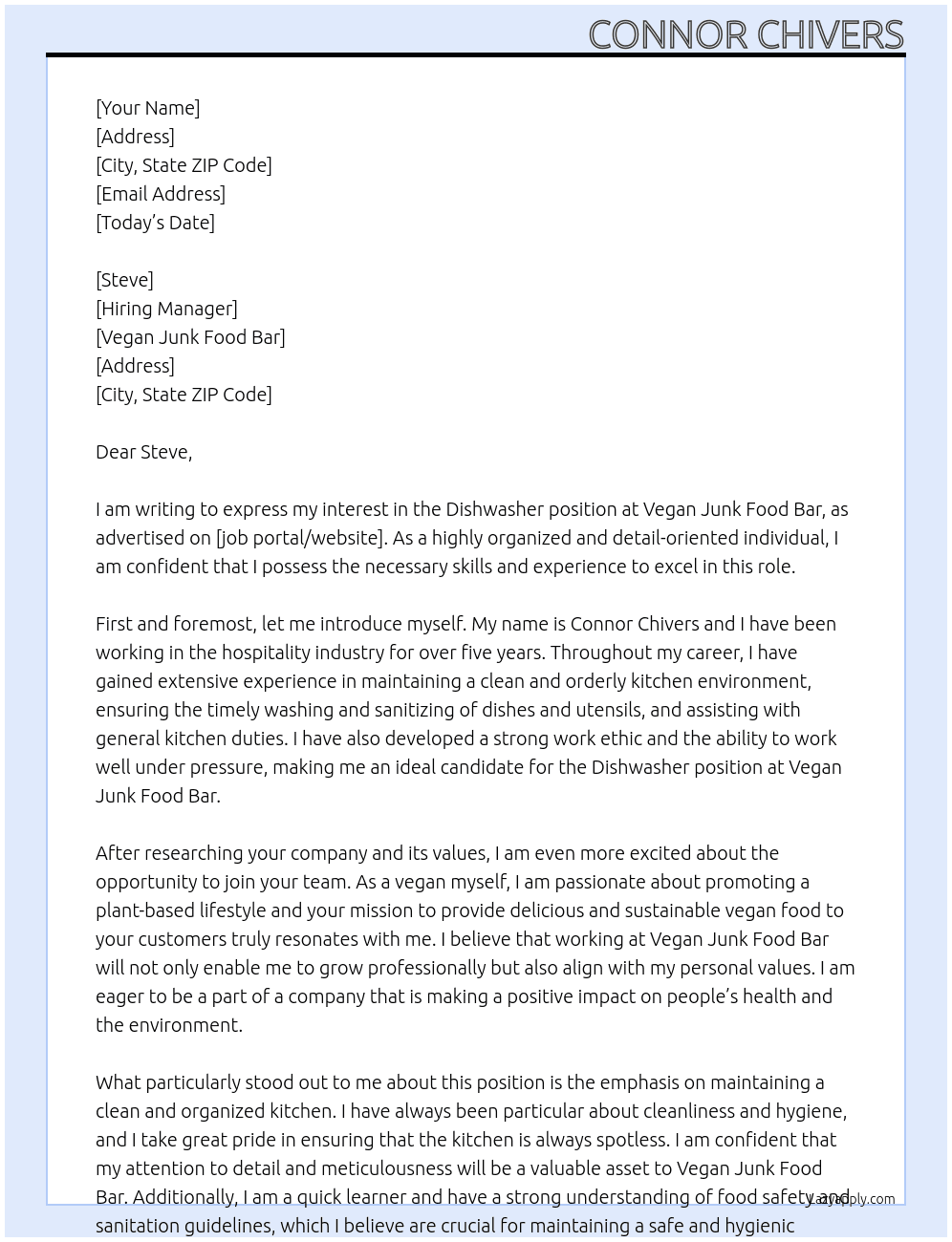 Dishwasher At Vegan Junk Food Bar Cover Letter